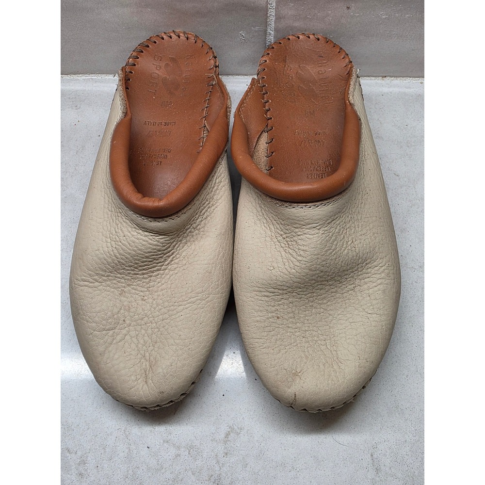 Natural Sport Womens Leather Mules Made in Italy Cream Brown Clogs 8M 409 A 27